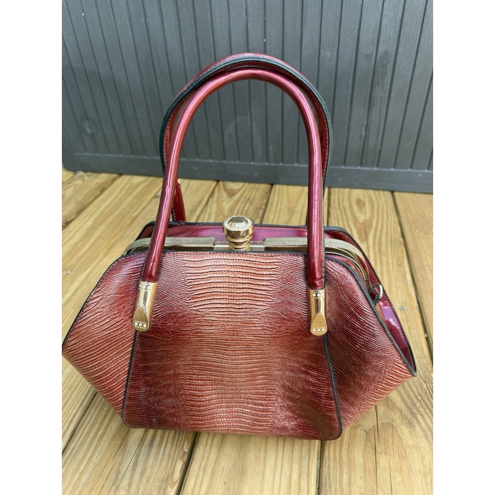 Vintage Red  & Gold Faux Snake Skin Structured Handbag with Ball cap Closure